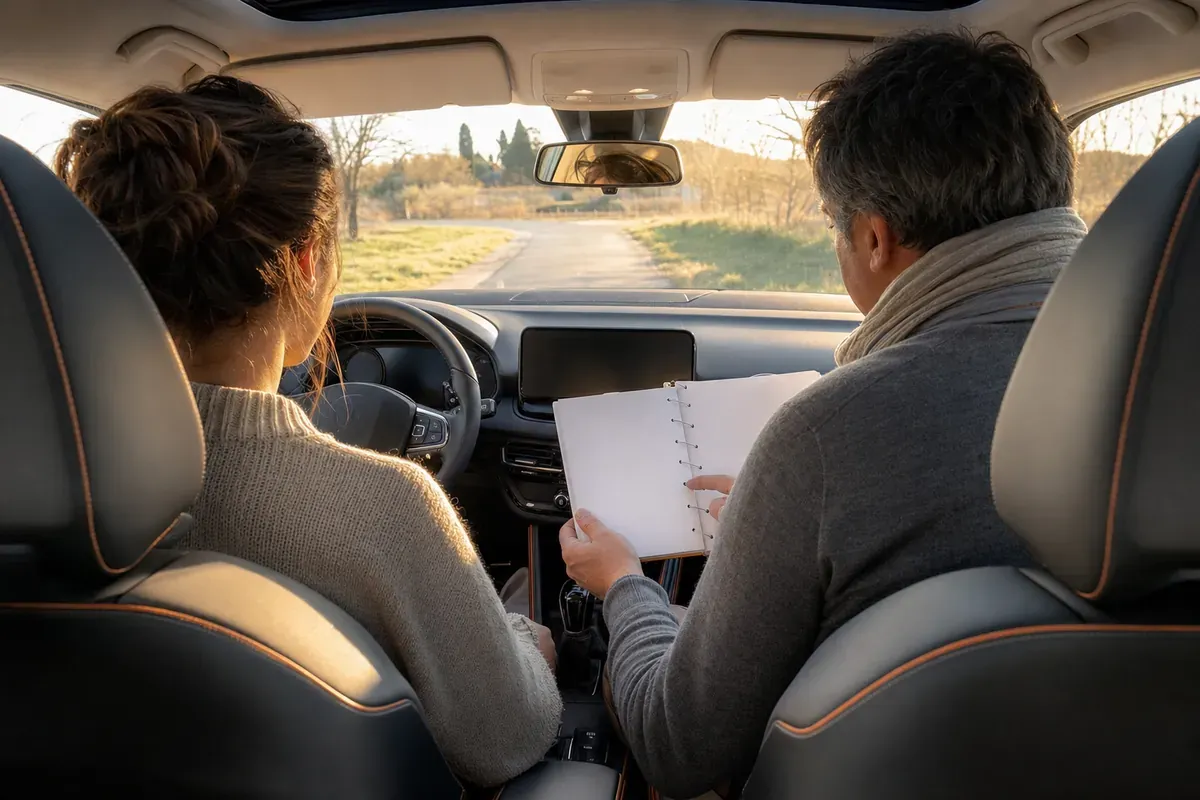Élève et accompagnateur préparant un trajet de conduite accompagnée